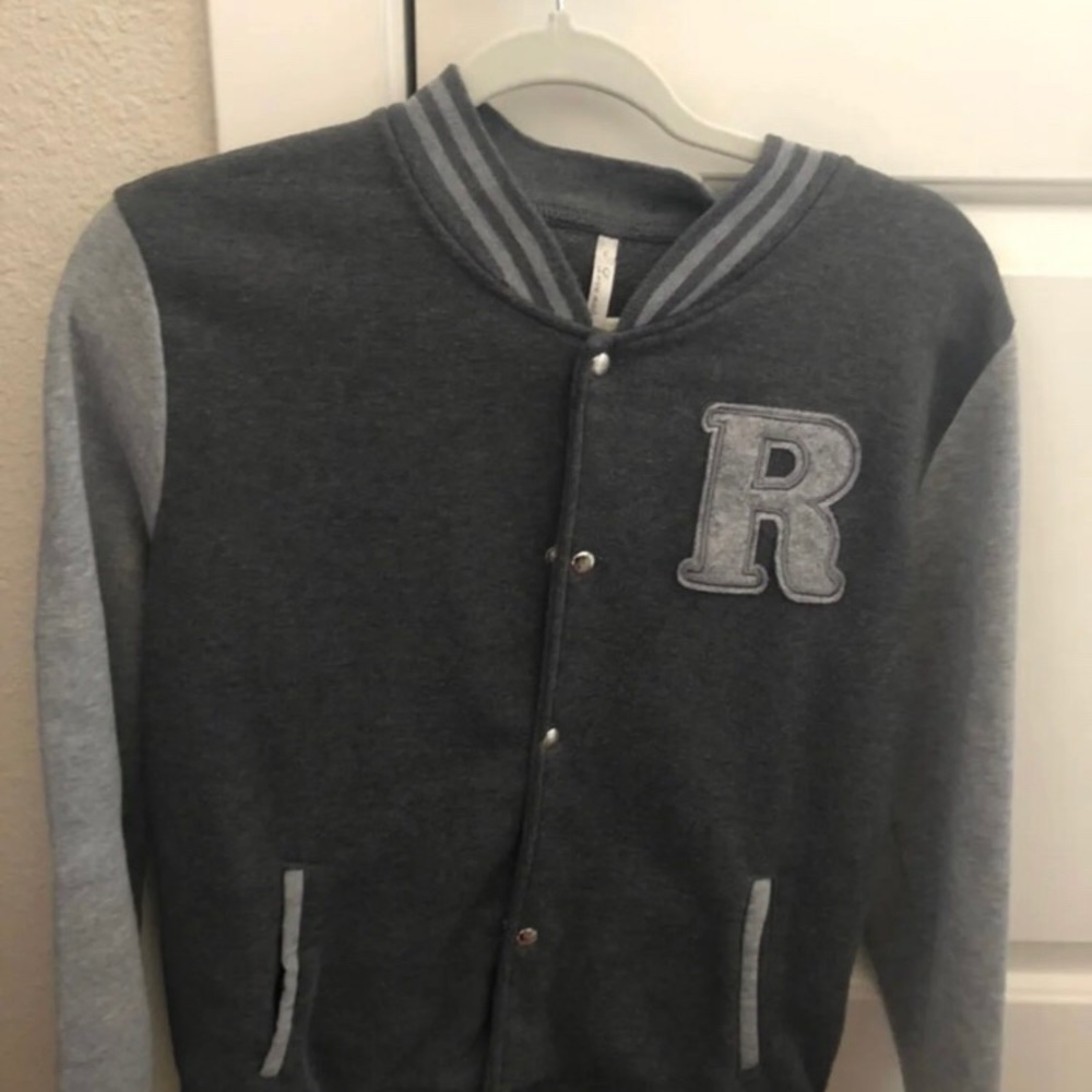 Gray R-patched varsity jacket